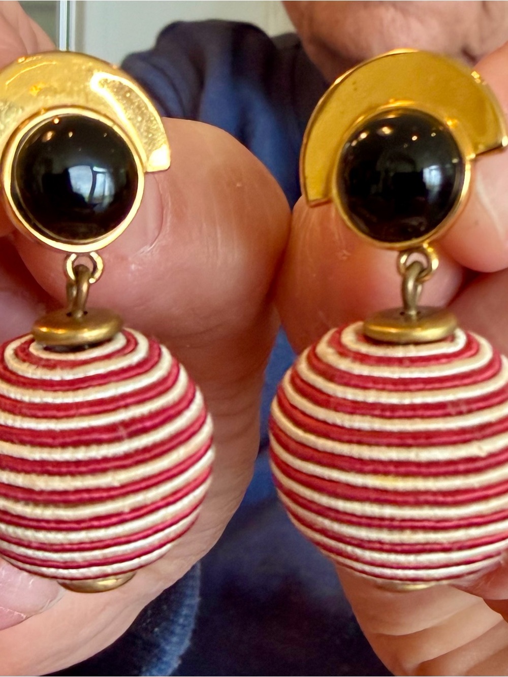Lizzie Fortunato Drop Earrings with Black Cabochon and Red-White Striped Balls